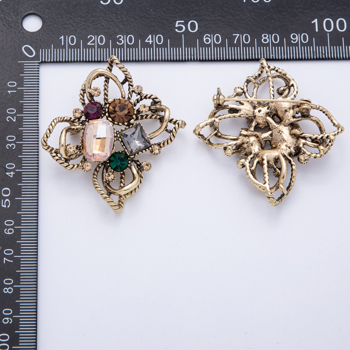 Multicolor Crystal Floral Brooch in Antique Gold Tone