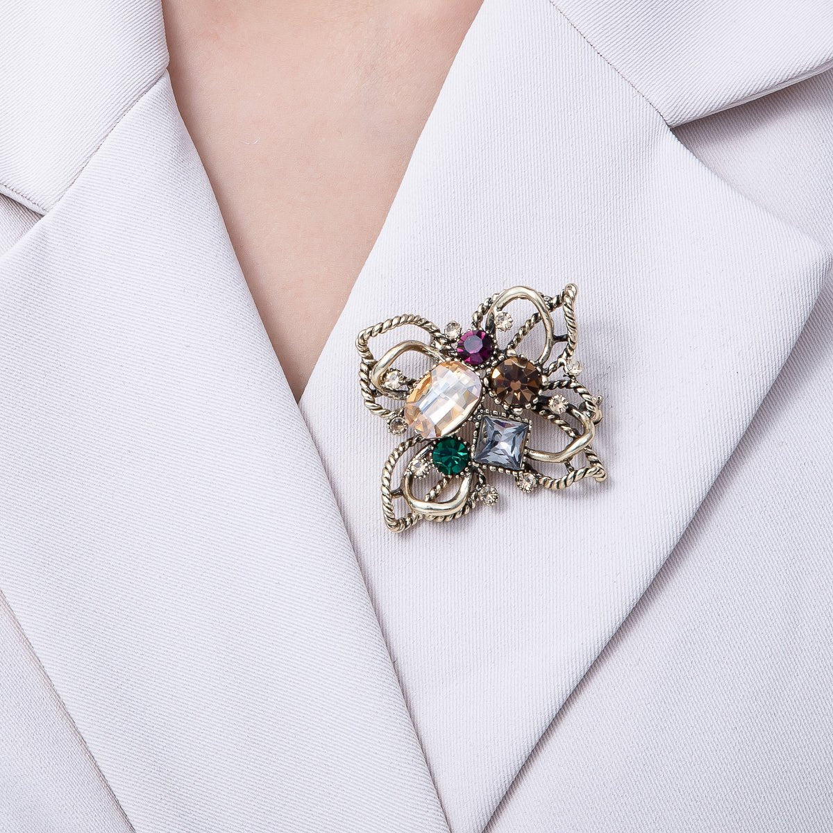 Multicolor Crystal Floral Brooch in Antique Gold Tone