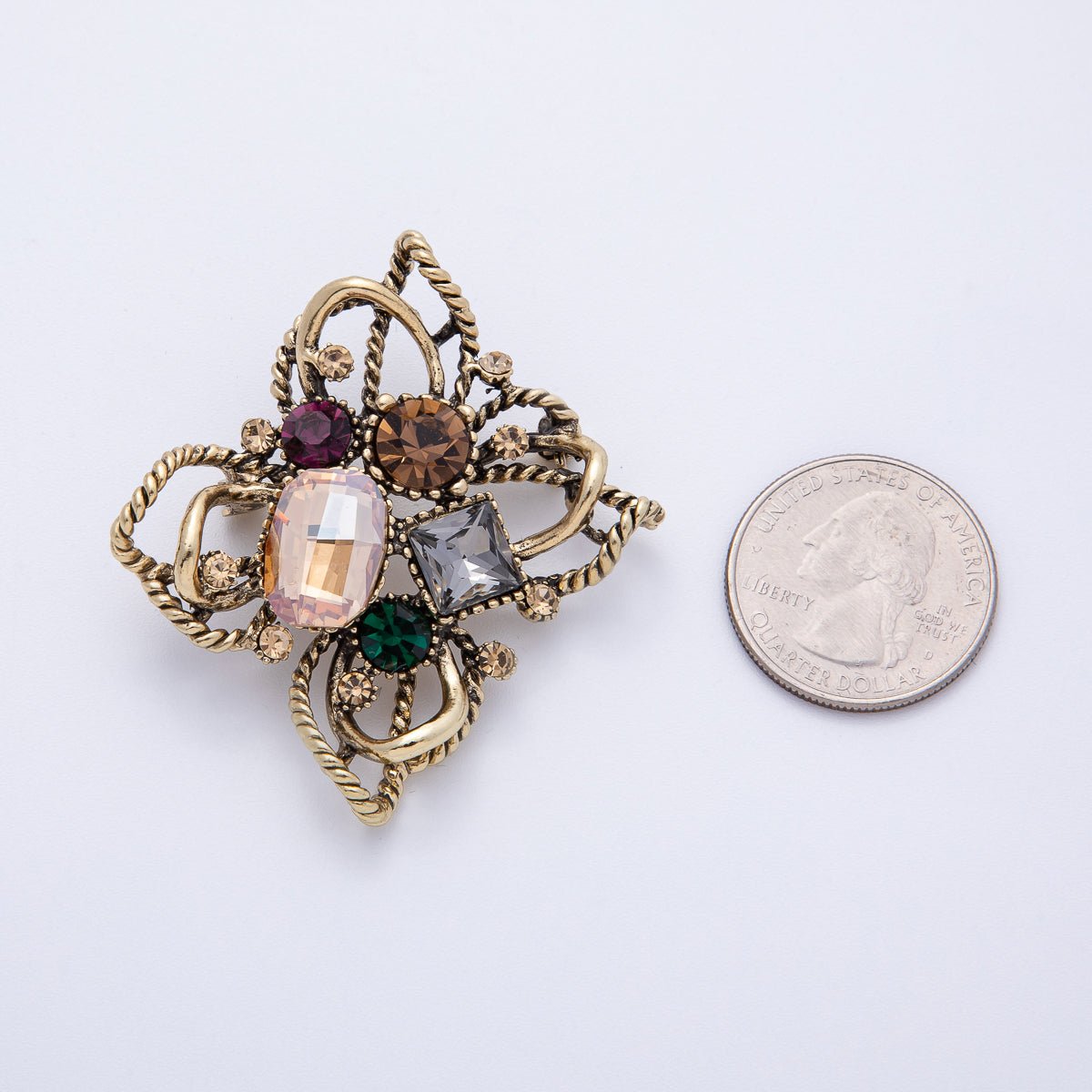 Multicolor Crystal Floral Brooch in Antique Gold Tone