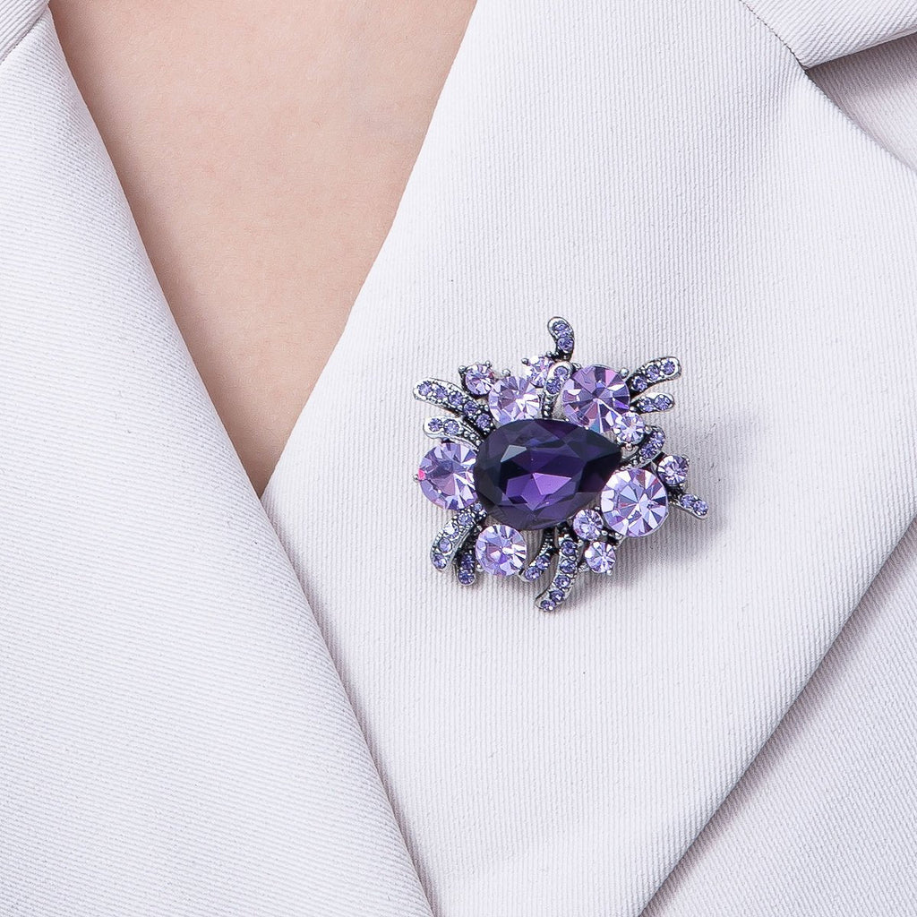 Vintage Antique Silver Brooch Purple Amethyst Crystal Pin | BH-001