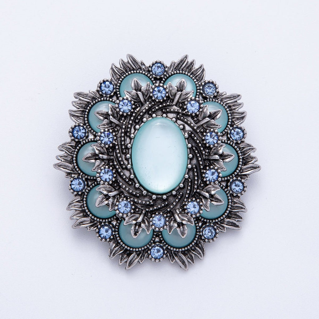 Vintage Antique Silver Flower Brooch Aqua Blue Turquoise Crystal Pin | BH-002