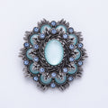 Vintage Antique Silver Flower Brooch Aqua Blue Turquoise Crystal Pin | BH-002