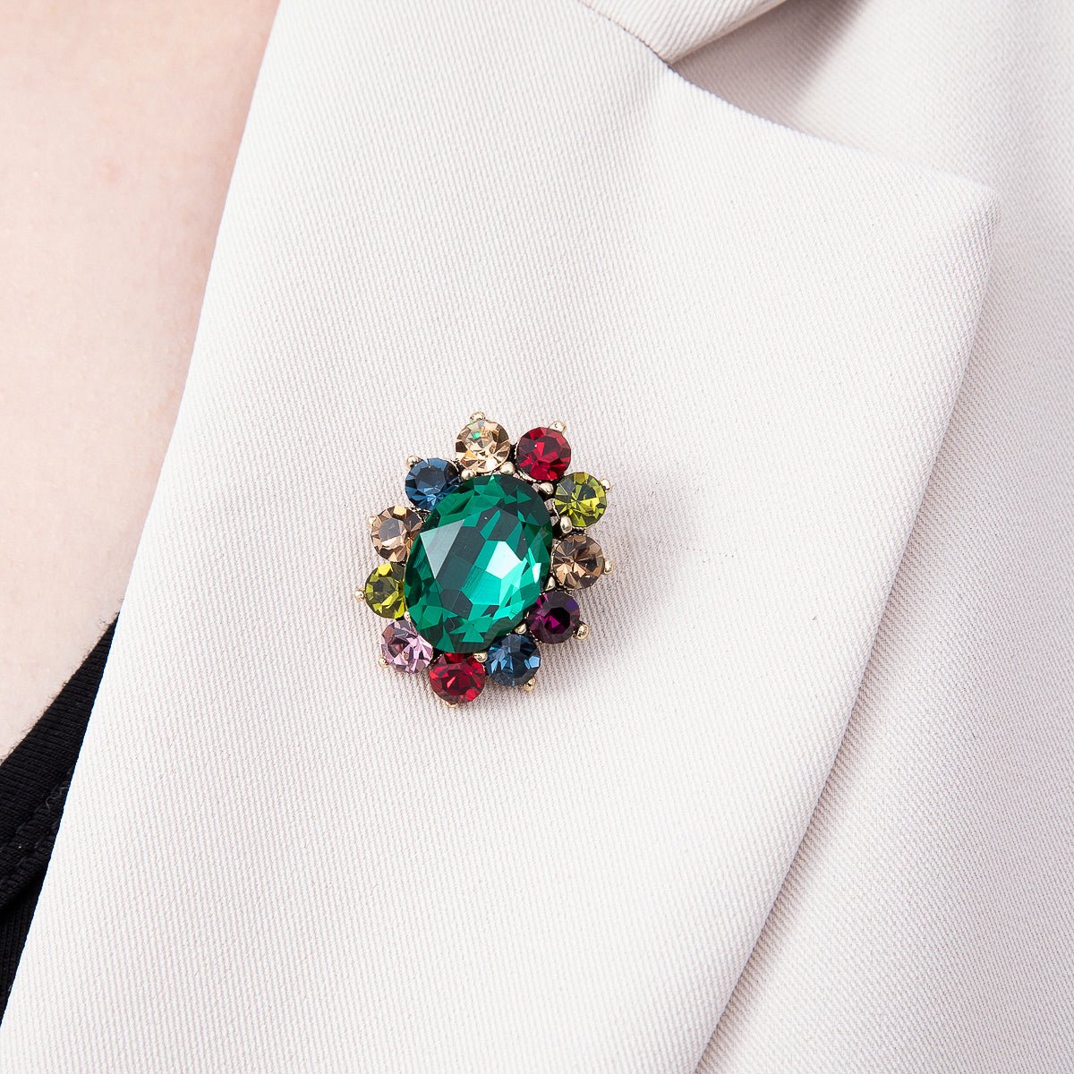 Green & Multicolor Crystal Oval Flower Brooch