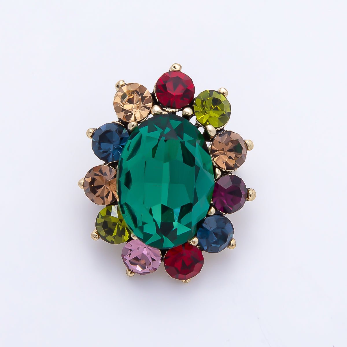 Green & Multicolor Crystal Oval Flower Brooch