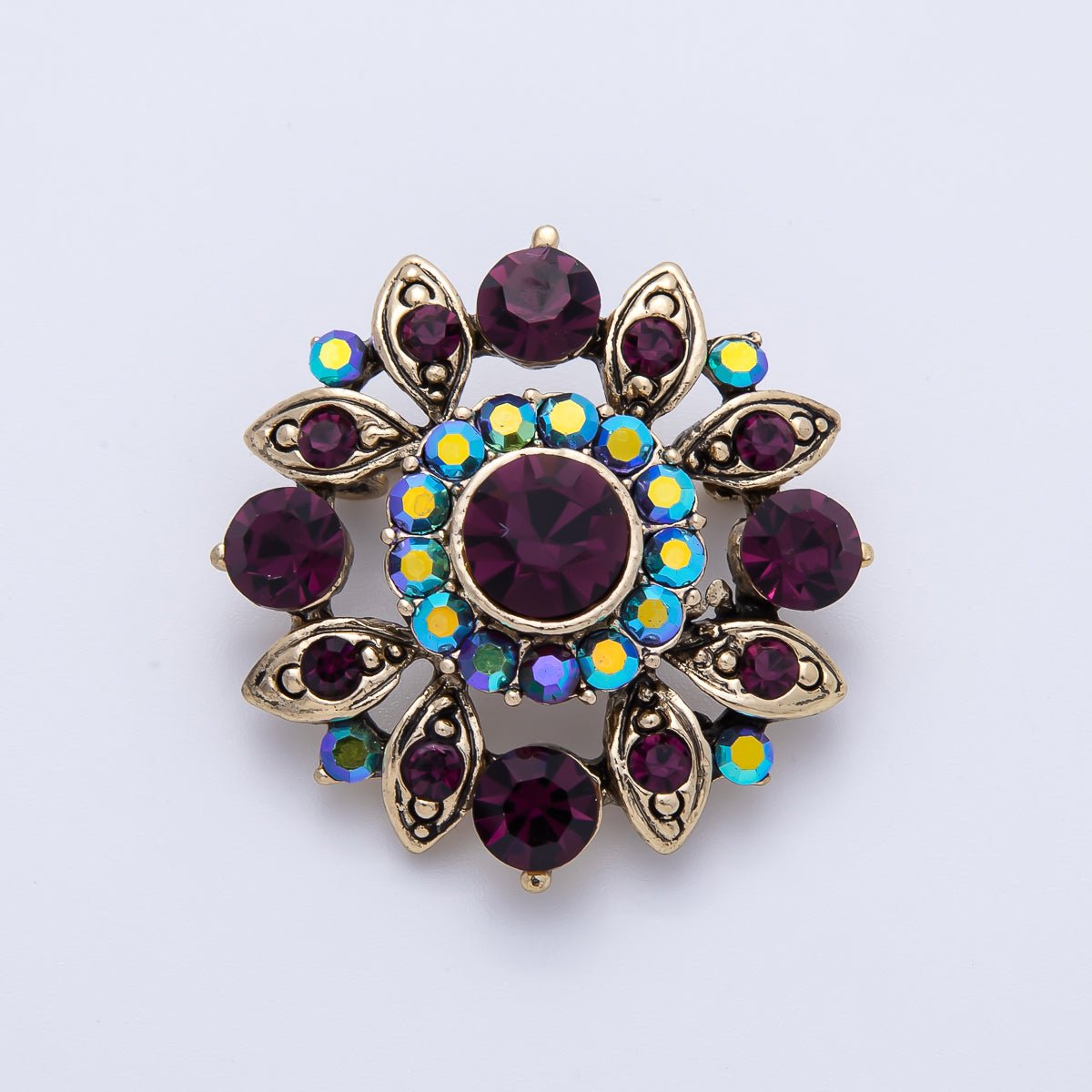 Vintage Gold 33.2mm x 31.5mm Purple Rhinestone Geometric Pin Brooch | BH-077