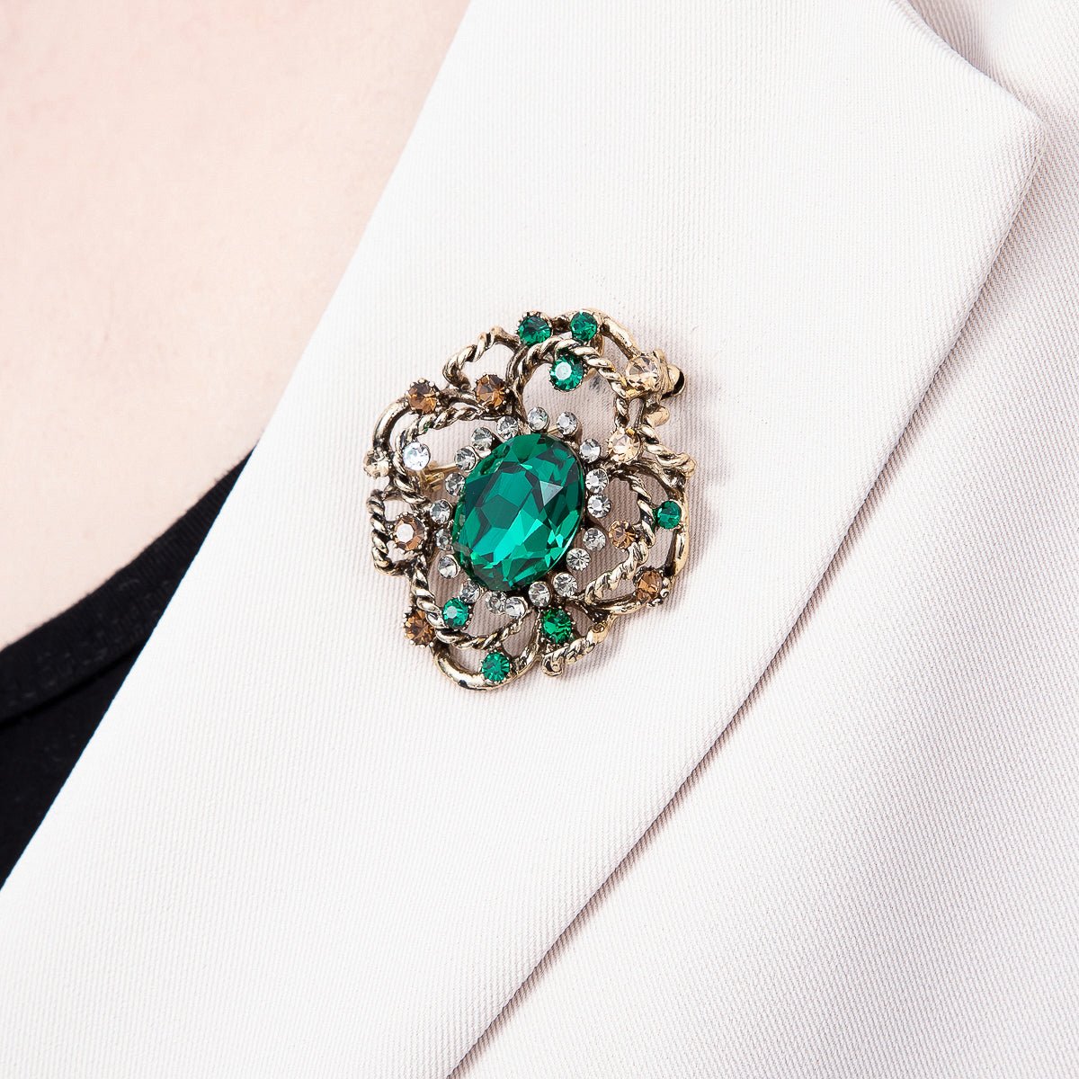 Vintage Gold 39mm Peach, Green Rhinestone Open Flower Rope Pin Brooch | BH-00165 BH-00166