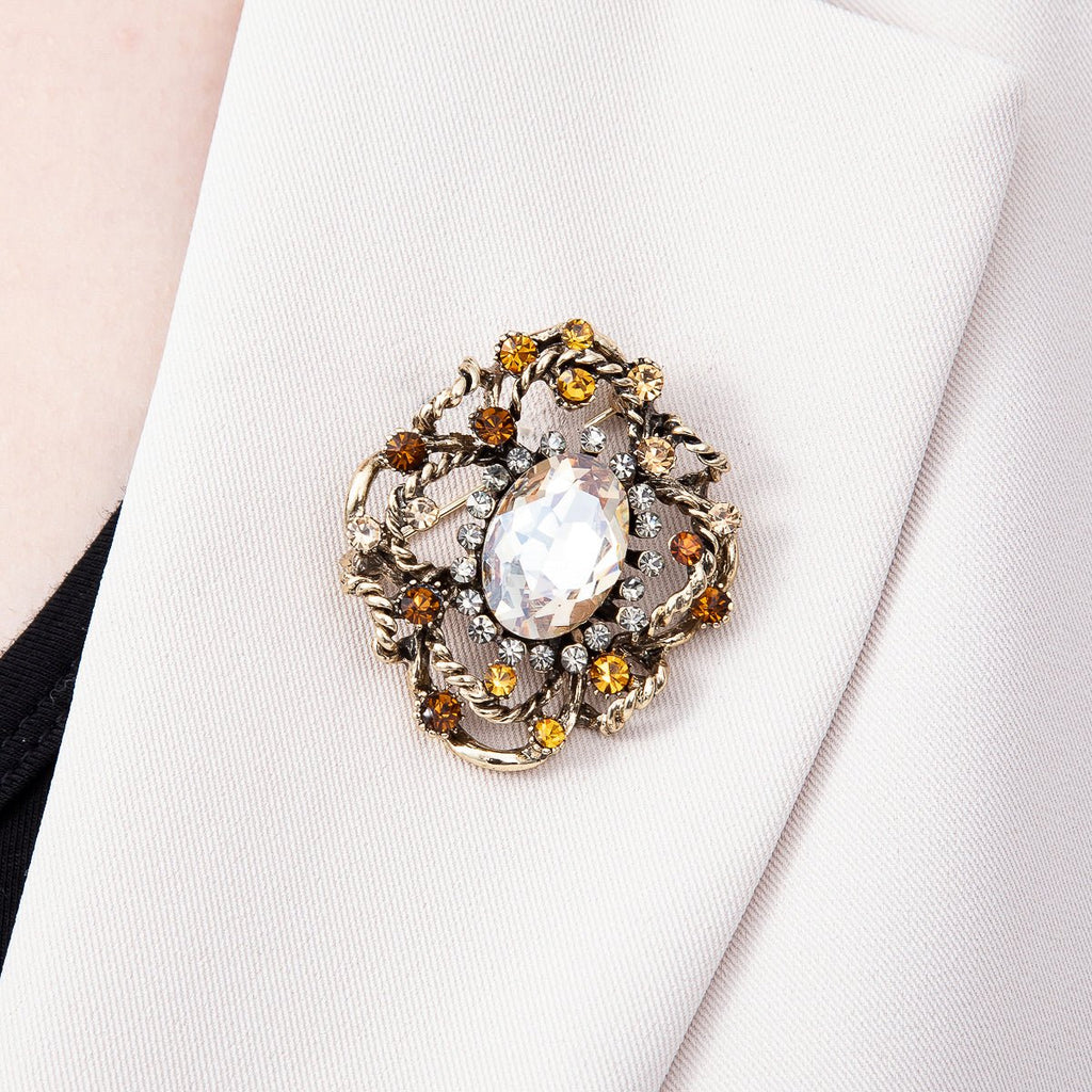 Vintage Gold 39mm Peach, Green Rhinestone Open Flower Rope Pin Brooch | BH-00165 BH-00166