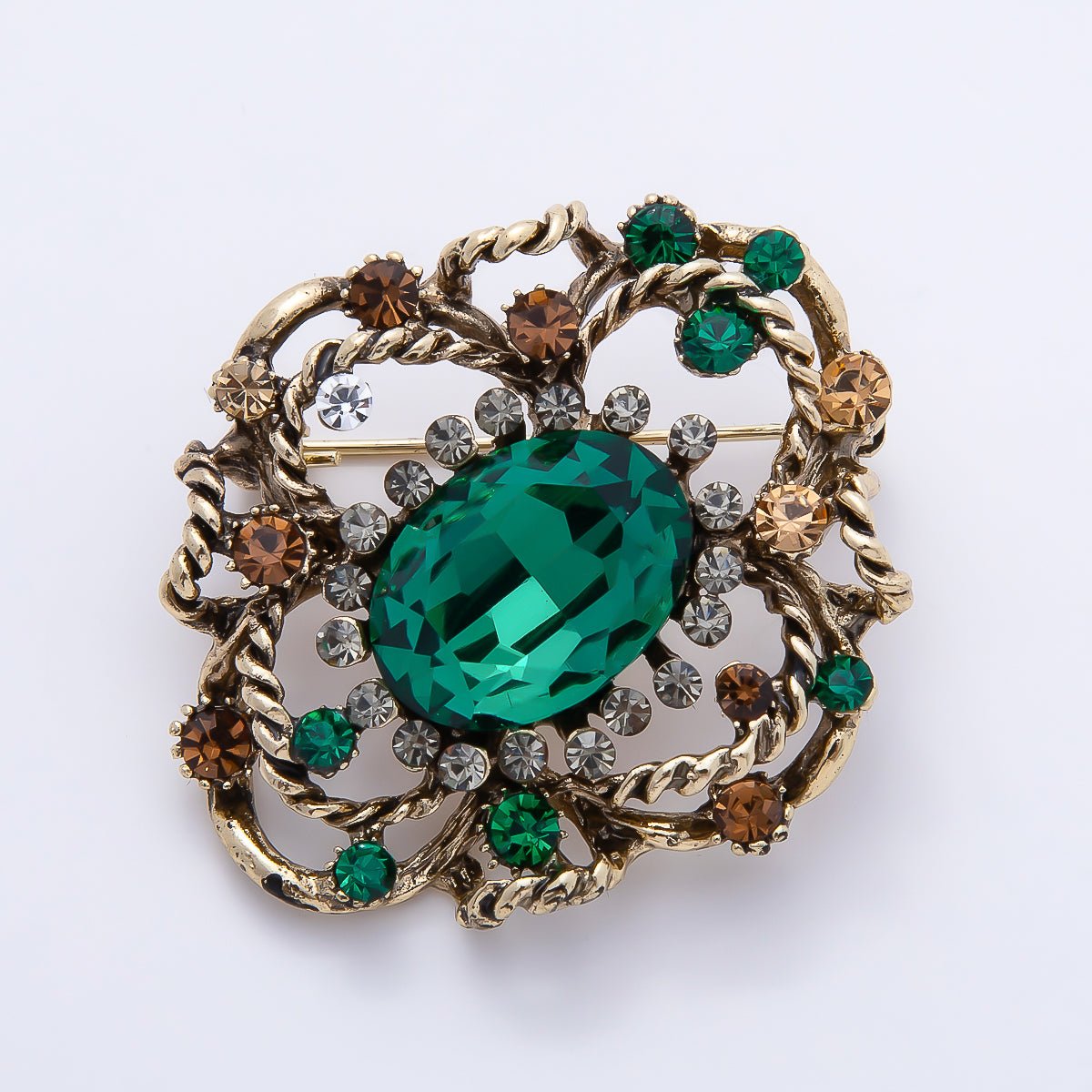 Peach & Green Crystal Rope Flower Brooch