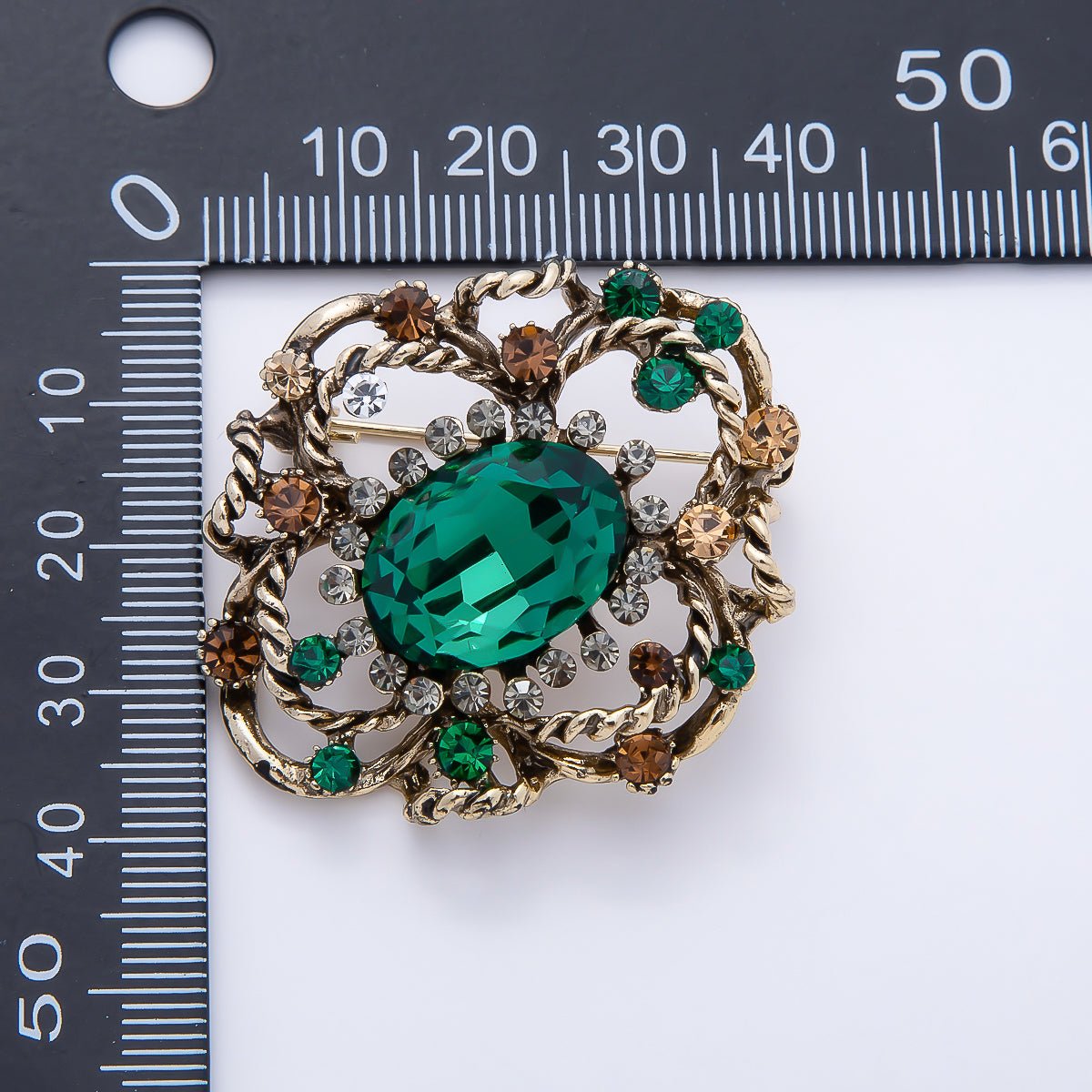 Vintage Gold 39mm Peach, Green Rhinestone Open Flower Rope Pin Brooch | BH-00165 BH-00166
