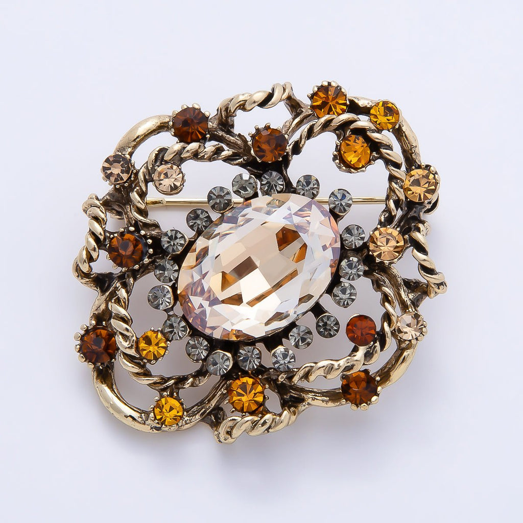 Vintage Gold 39mm Peach, Green Rhinestone Open Flower Rope Pin Brooch | BH-00165 BH-00166