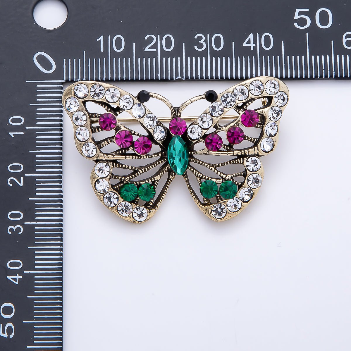 Open-Wing Multicolor Crystal Butterfly Brooch