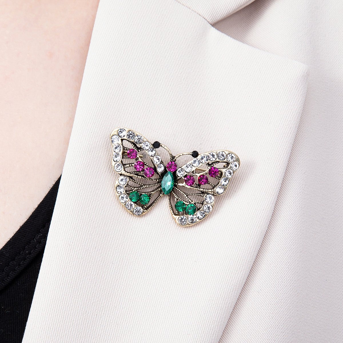 Open-Wing Multicolor Crystal Butterfly Brooch