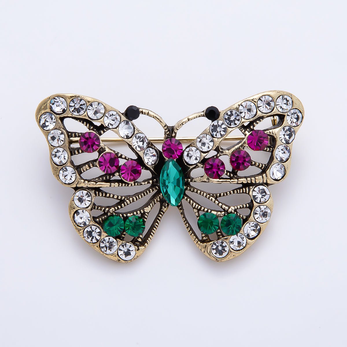 Open-Wing Multicolor Crystal Butterfly Brooch