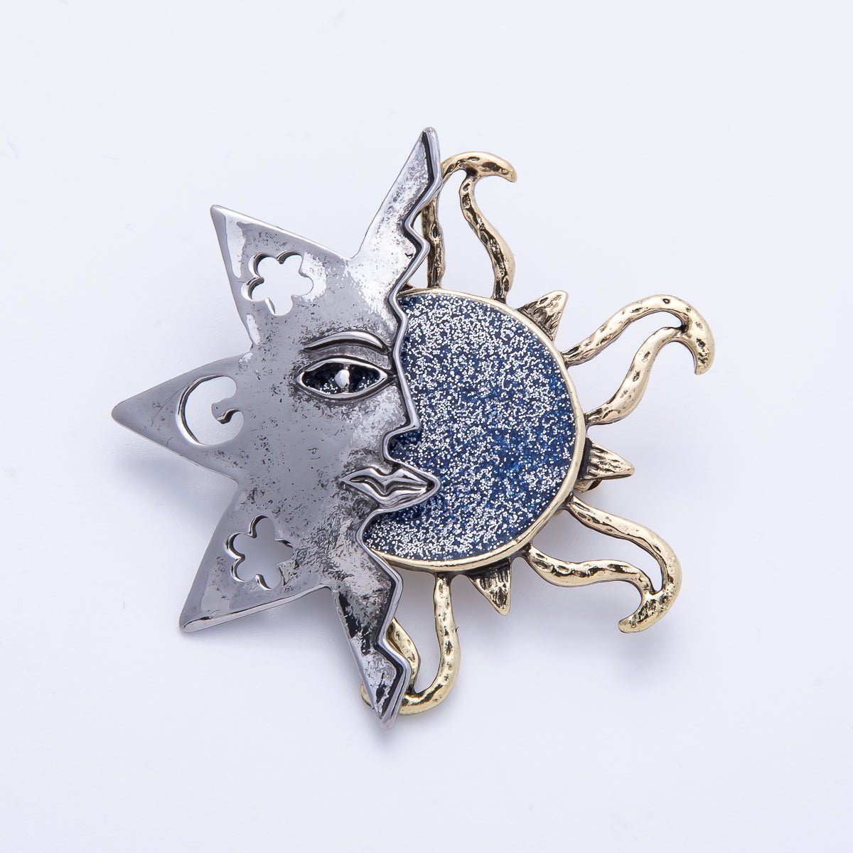 Vintage Gold 47.5mm x 45.5mm Celestial Sun Face Pin Brooch | BH-087
