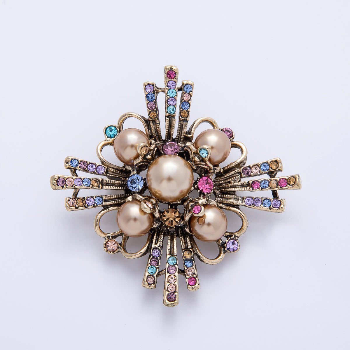 Multicolor Crystal & Pearl Rhombus Brooch