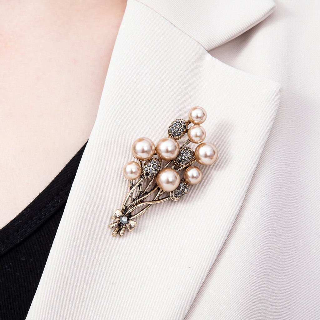 Vintage Gold 65mm Shell Pearl Rhinestone Paved Flower Bouquet Pin Brooch | BH-00180