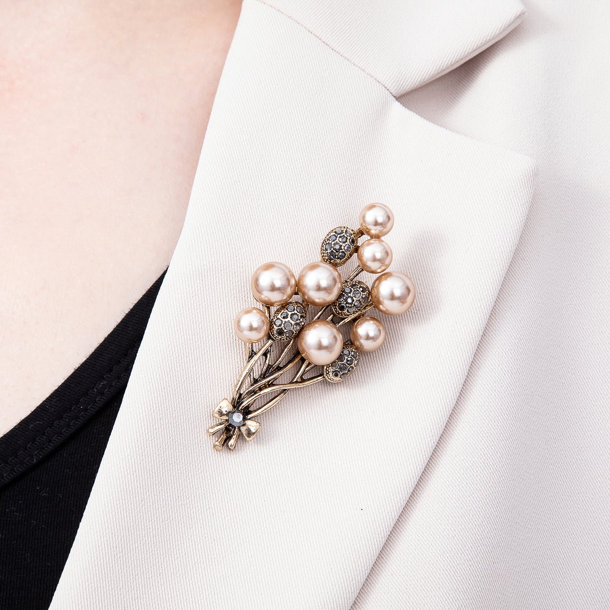 Vintage Gold 65mm Shell Pearl Rhinestone Paved Flower Bouquet Pin Brooch | BH-00180