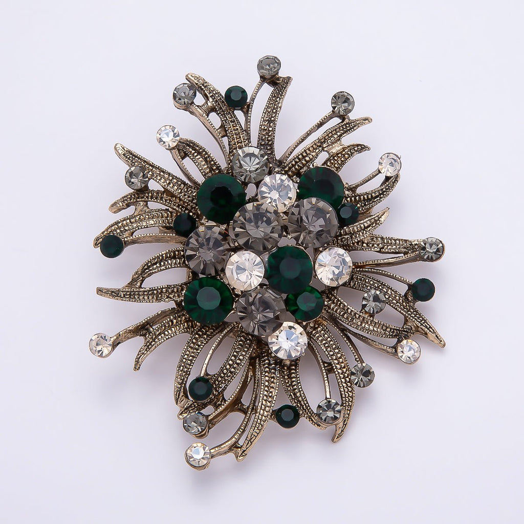 Vintage Gold 66mm Green, Red, Silver Rhinestone Textured Leaf Nature Pin Brooch | BH-133 ~ BH-135