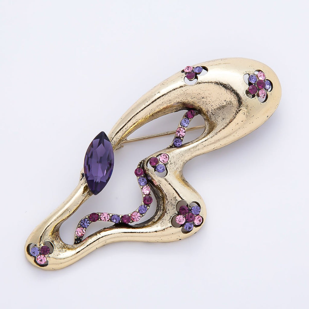 Vintage Gold 73mm Purple Pink Rhinestone Flower Half Wings Butterfly Mariposa Animal Pin Brooch | BH-00164