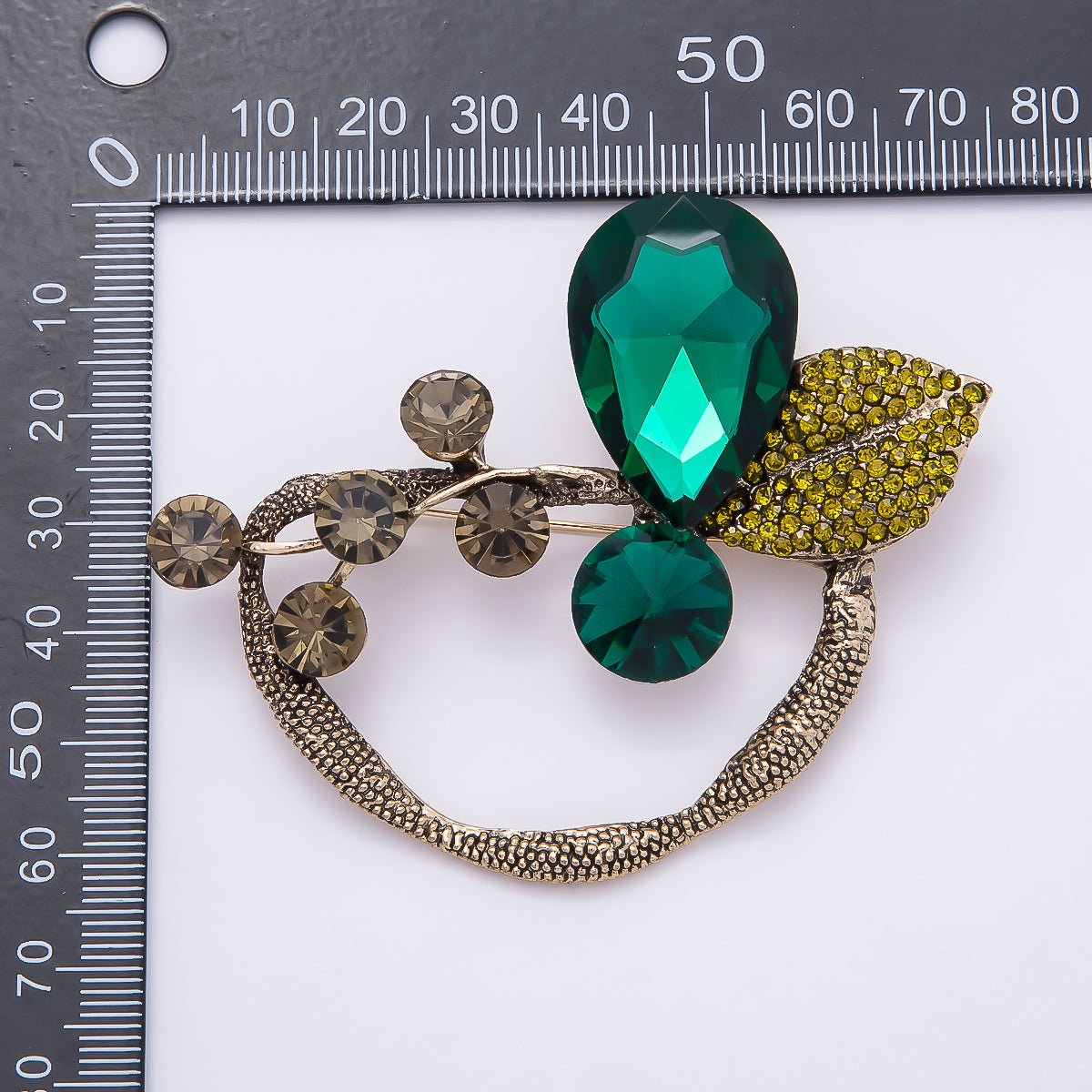 Vintage Gold 75mm x 58mm Green Rhinestone Leaf Floral Pin Brooch | BH-130
