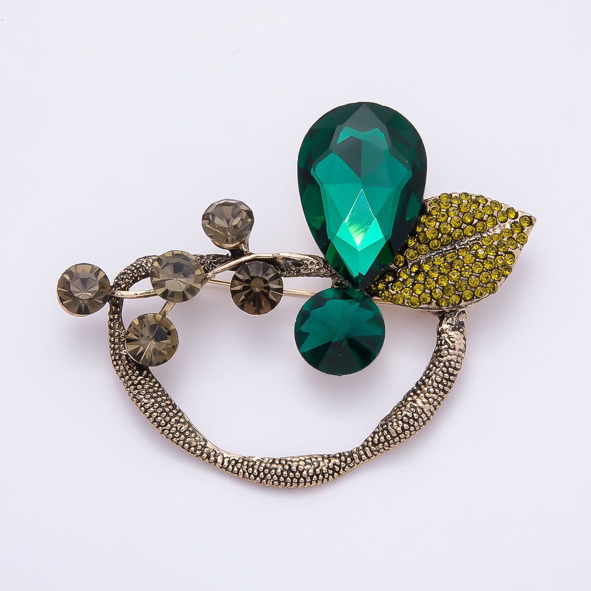Vintage Gold 75mm x 58mm Green Rhinestone Leaf Floral Pin Brooch | BH-130