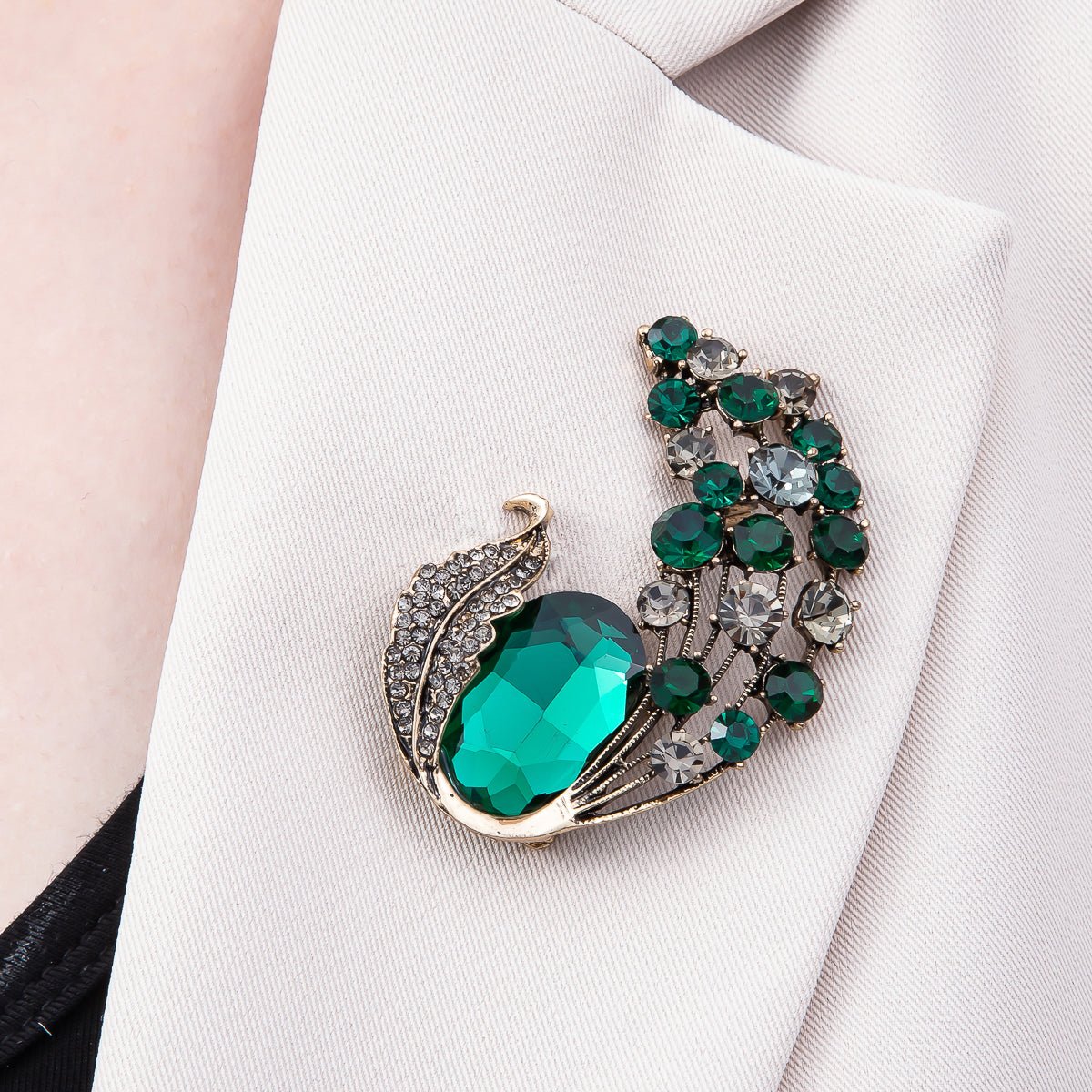 Curved Crystal Leaf Brooch