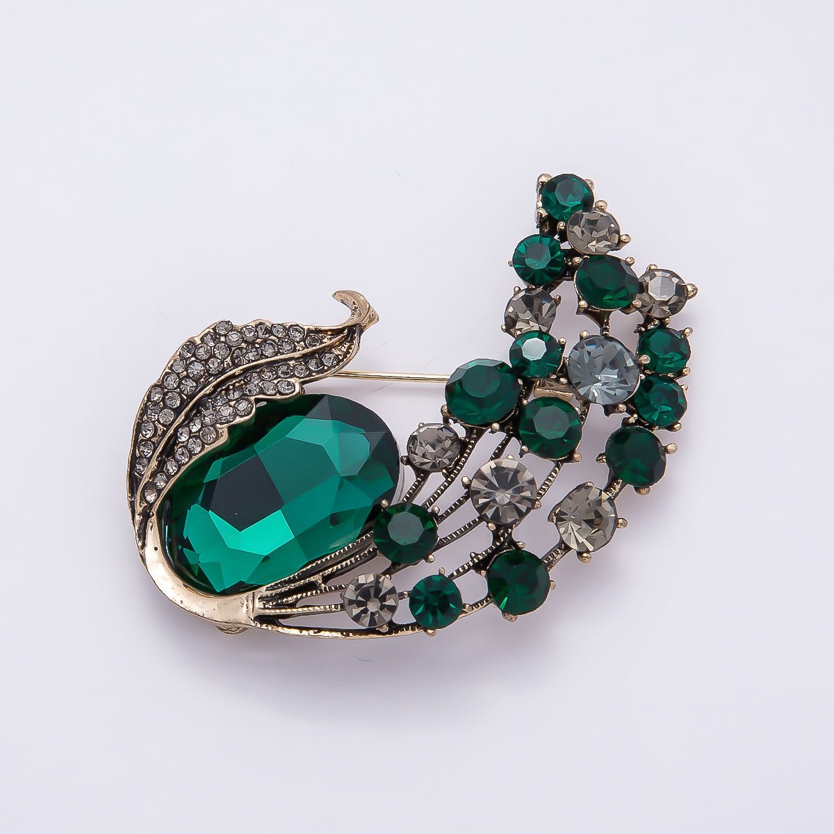 Curved Crystal Leaf Brooch