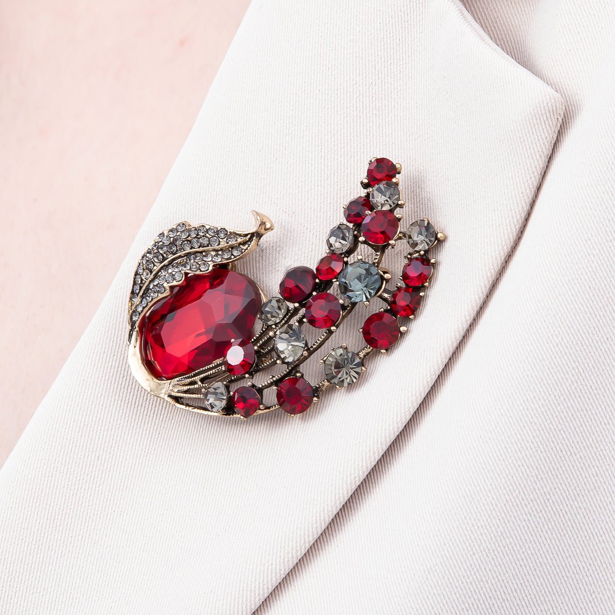 Curved Crystal Leaf Brooch