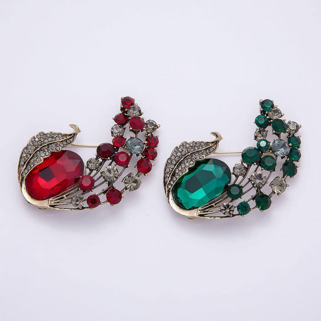 Curved Crystal Leaf Brooch