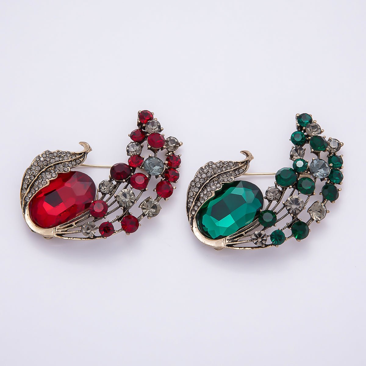 Curved Crystal Leaf Brooch